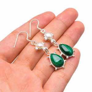 StarGems  Natural Malachite And River Pearl Handmade 925 Sterling Silver Earrings 2" D3884