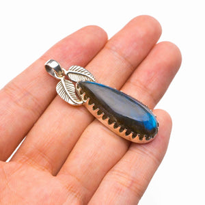 StarGems® Natural Blue Fire Labradorite Leaf Handmade 925 Sterling Silver Pendant 2" D5639