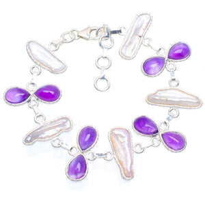 StarGems  Natural Biwa Pearl and Amethyst Handmade Unique 925 Sterling Silver Bracelet 6.5-7.75" A3021