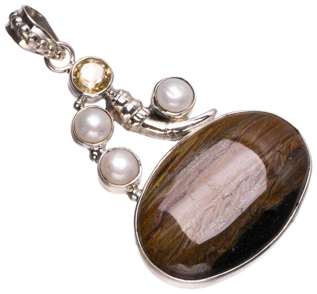 StarGems  Natural Iron Tiger Eye,River Pearl and Citrine Handmade Boho 925 Sterling Silver Pendant 2