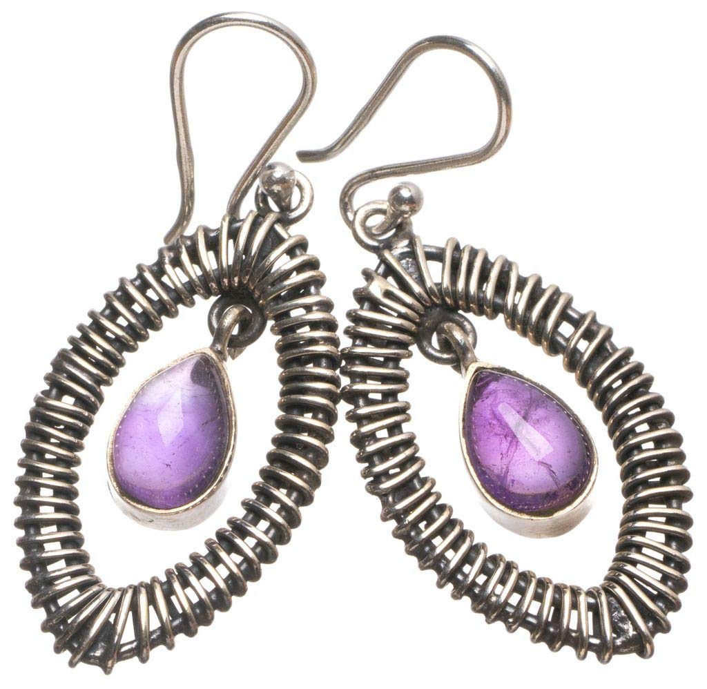 StarGems  Natural Amethyst Handmade Boho Eye Shape 925 Sterling Silver Earrings 1 3/4