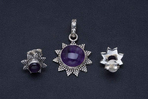 StarGems  Natural Amethyst Handmade Unique 925 Sterling Silver Jewelry Set Pendant 1.25" Stud 0.5" A3650