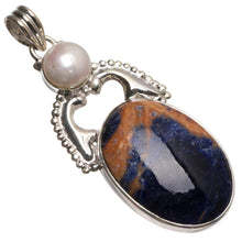 StarGems® Natural Navy Sodalite and River Pearl Handmade 925 Sterling Silver Pendant 2 1/4" T0577