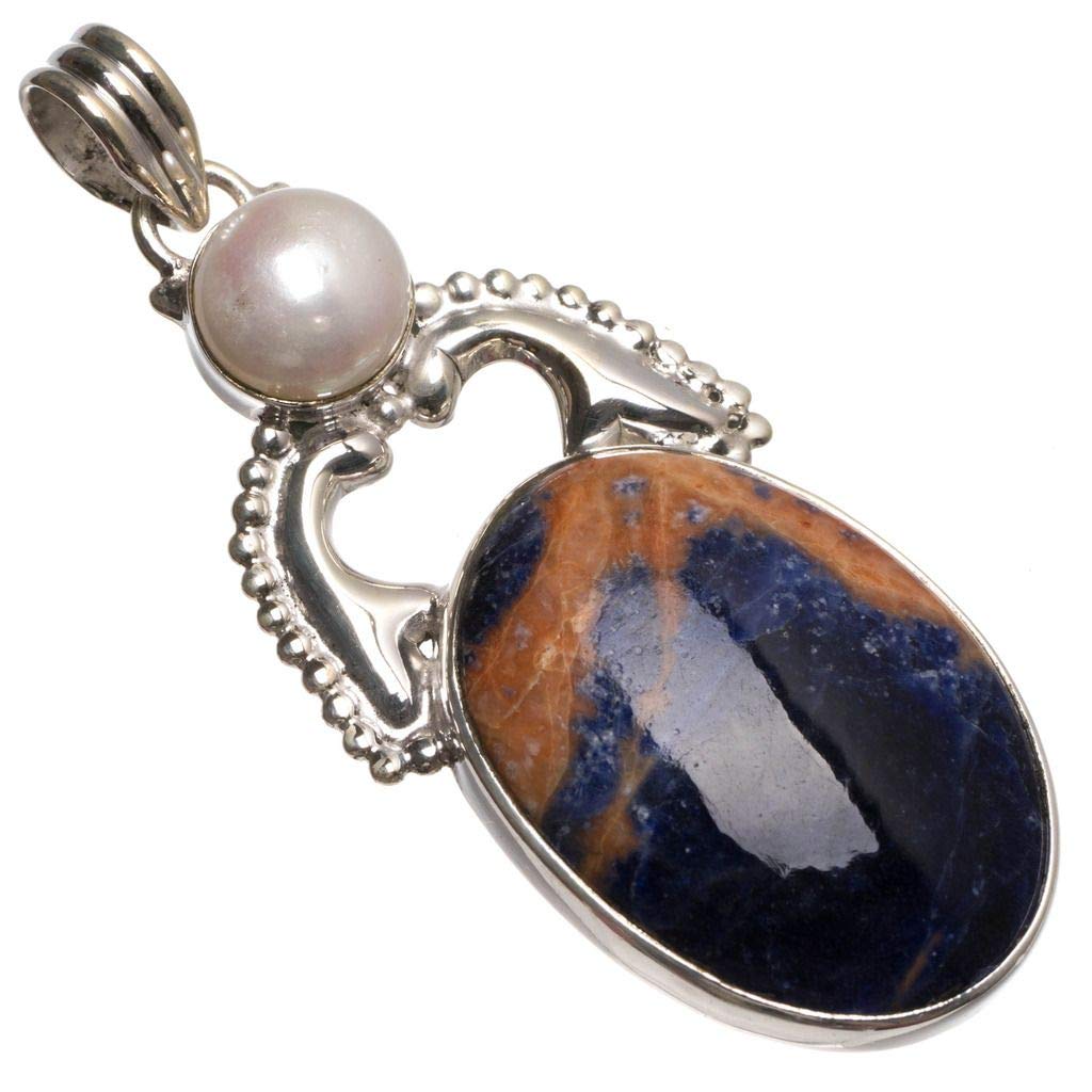 StarGems® Natural Navy Sodalite and River Pearl Handmade 925 Sterling Silver Pendant 2 1/4