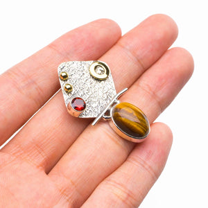 StarGems  Natural Two Tones Tiger Eye And Garnet Handmade 925 Sterling Silver Pendant 1.5" D5580