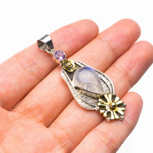 StarGems  Natural Two Tones Rainbow Moonstone And Amethyst Flower Handmade 925 Sterling Silver Pendant 2.25" D5724