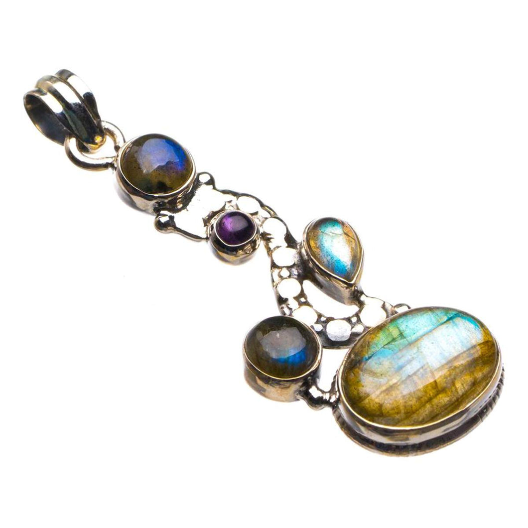 StarGems  Natural Blue Fire Labradorite And Amethyst Handmade 925 Sterling Silver Pendant 2.25