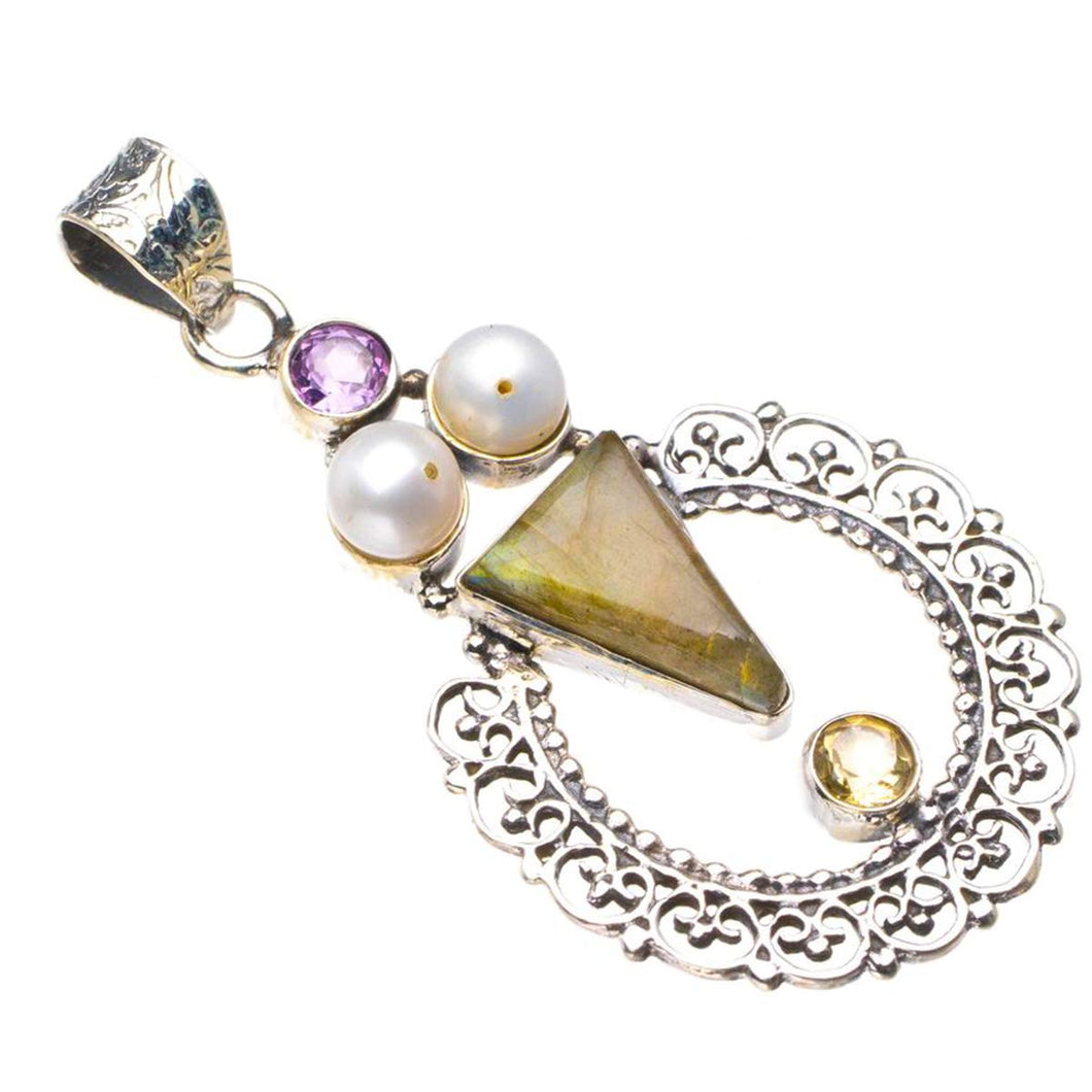 StarGems  Natural Blue Fire Labradorite,River Pearl,Amethyst And Citrine Handmade 925 Sterling Silver Pendant 2.25