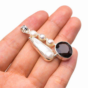 StarGems  Natural Smoky Quartz,Biwa Pearl And River Pearl Handmade 925 Sterling Silver Pendant 2" D2320