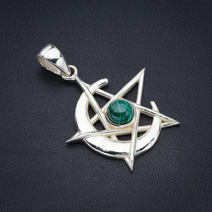 StarGems® Natural Malachite Star And MoonHandmade 925 Sterling Silver Pendant 1.75" F3690