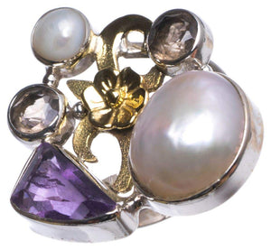 StarGems® Natural Biwa Pearl,Amethyst,Smoky Quartz and River Pearl 925 Sterling Silver Ring, US Size 6 T6676