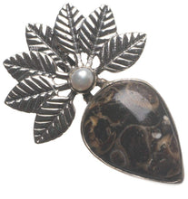 StarGems  Natural Turritella Agate and River Pearl Leaf Handmade Vintage Leaf Shape 925 Sterling Silver Pendant 1 1/2" T2075