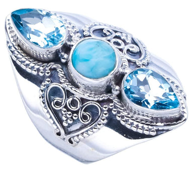 StarGems  Natural Larimar Blue TopazHandmade 925 Sterling Silver Ring 6.75 F0688