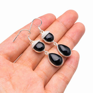 StarGems  Natural Black Onyx Handmade 925 Sterling Silver Earrings 1.75" D3904