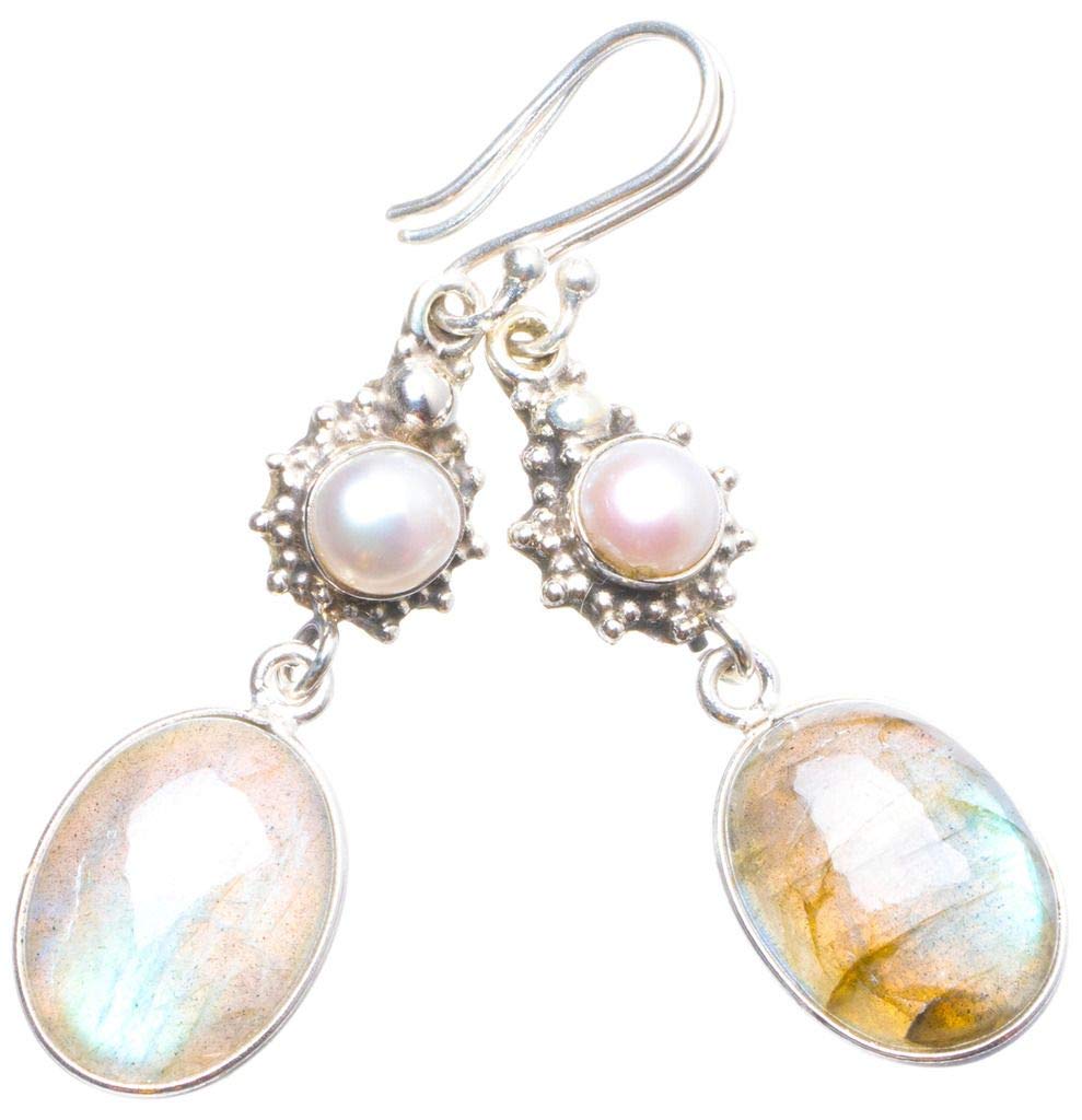 StarGems  Natural Labradorite and River Pearl Handmade Unique 925 Sterling Silver Earrings 2.25