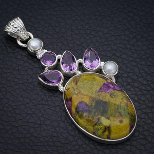StarGems  Natural Yellow Jasper Amethyst And River PearlHandmade 925 Sterling Silver Pendant 2.25" F4343