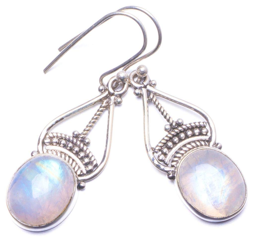 StarGems® Natural Rainbow Moonstone Handmade Unique 925 Sterling Silver Earrings 1.5