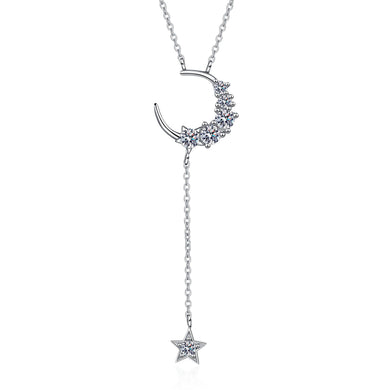 StarGems® Star&Moon Tassel 0.4cttw Moissanite 925 Silver Platinum Plated Necklace 40+5cm NX035