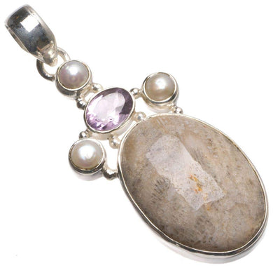 StarGems® Fossil Coral,Amethyst and River Pearl Handmade Vintage 925 Sterling Silver Pendant 2