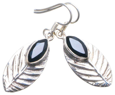 StarGems  Natural Black Onyx Handmade Unique Leaf Shape 925 Sterling Silver Earrings 1.5