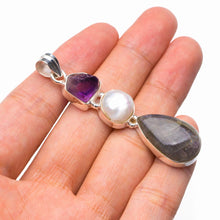 StarGems  Natural Blue Fire Labradorite,Biwa Pearl And Amethyst Rough Handmade 925 Sterling Silver Pendant 2.5" D5338