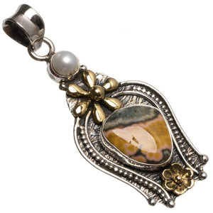 StarGems® Natural Two Tones Ocean Jasper and River Pearl 925 Sterling Silver Pendant 2" T0537