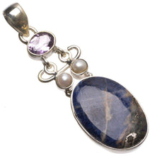 StarGems  Natural Navy Sodalite,River Pearl and Amethyst Handmade Vintage 925 Sterling Silver Pendant 2 1/4" T2390