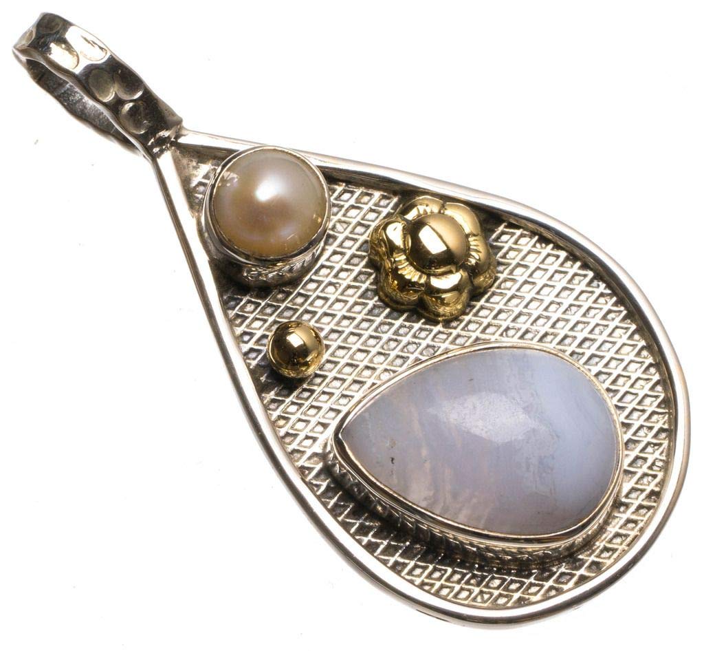 StarGems® Natural Two Tones Blue Lace Agate and River Pearl Vintage Flower Shape 925Sterling Silver Pendant 1 3/4