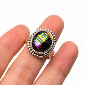 StarGems  Natural Rainbow Dichroic Glass Handmade 925 Sterling Silver Ring 7.5 D5235