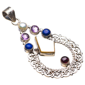 StarGems® Natural Mother Pearl,Lapis Lazuli And Amethyst Handmade 925 Sterling Silver Pendant 2.25" D1956