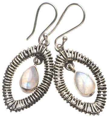 StarGems  Natural Rainbow Moonstone Handmade 925 Sterling Silver Earrings 1 3/4