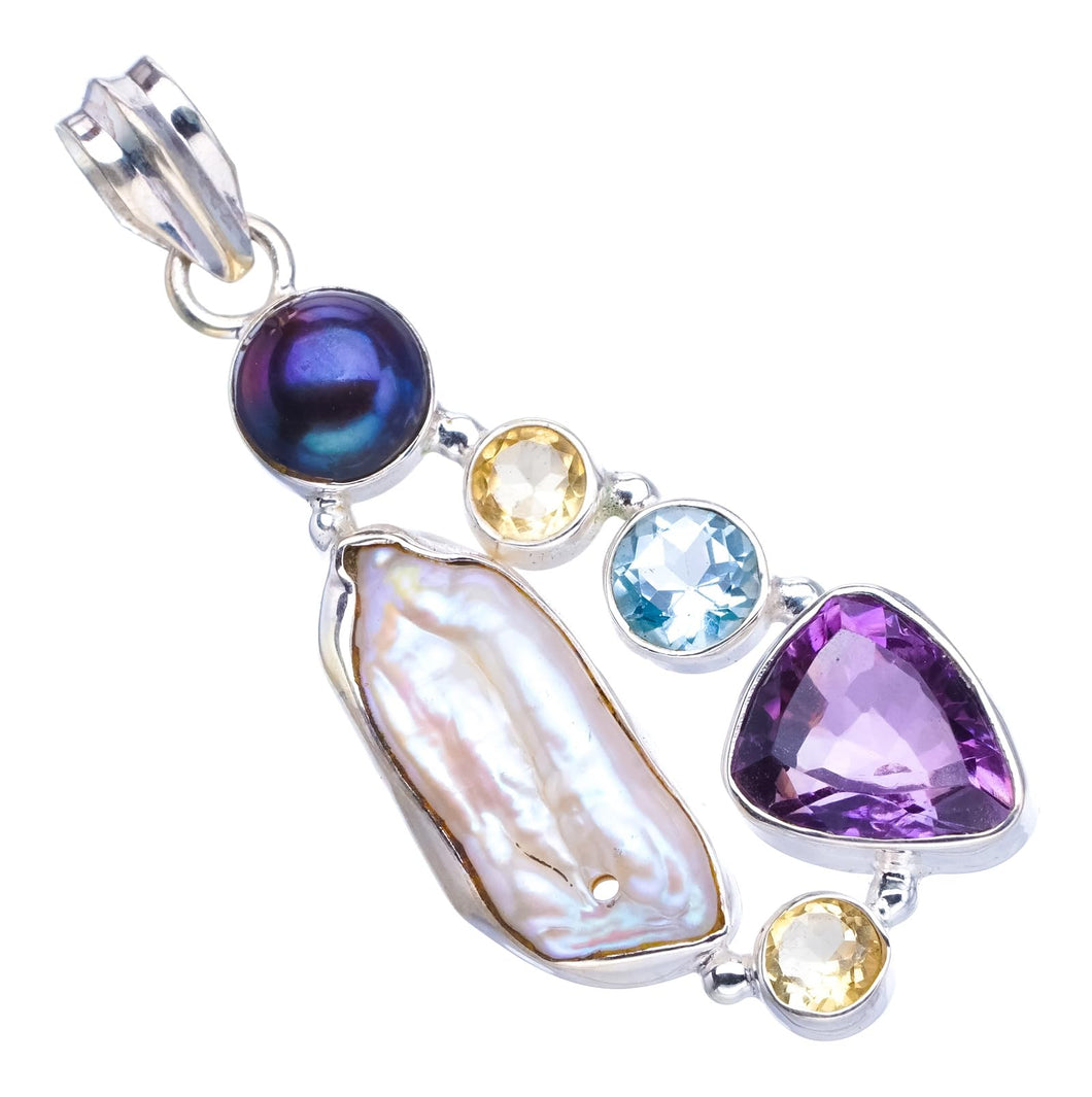 StarGems  Natural Biwa Pearl,Blue Topaz,Citrine,Amethyst and River Pearl 925Sterling Silver Pendant 2