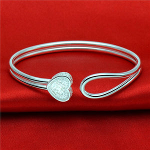 StarGems  Opening Rose&heart Handmade 999 Sterling Silver Bangle Cuff Bracelet For Women Cb0105