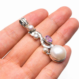 StarGems  Natural River Pearl And Amethyst Handmade 925 Sterling Silver Pendant 2.25" D5796