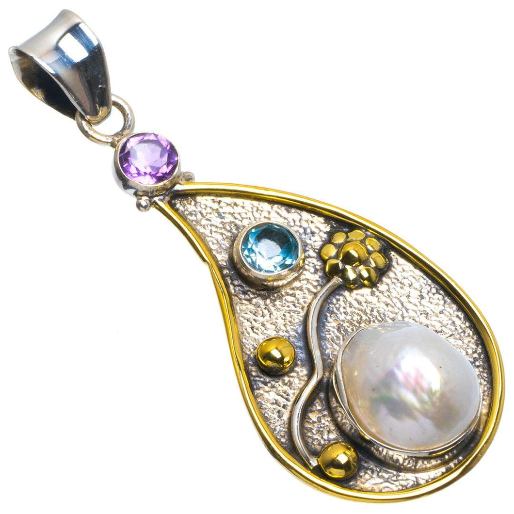 StarGems  Natural Two Tones Biwa Pearl,Amethyst and Blue Topaz 925 Sterling Silver Pendant 2