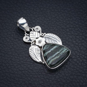 StarGems  Natural Seraphinite Leaf And Flower Handmade 925 Sterling Silver Pendant 1.5" F4303