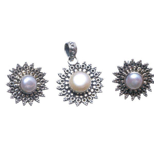 StarGems  Natural River Pearl Vintage 925 Sterling Silver Jewelry Set, Earrings Stud:3/4" Pendant:1 1/4" T8910