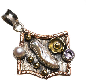 Natural Two Tones Biwa Pearl,Amethyst and River Pearl 925 Sterling Silver Pendant 1 3/4" T1360