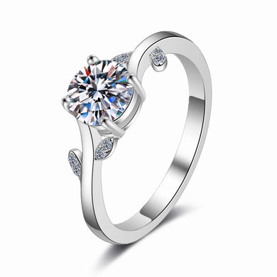 StarGems® Leaf Band Four Prong 1ct Moissanite 925 Silver Platinum Plated Ring RX014