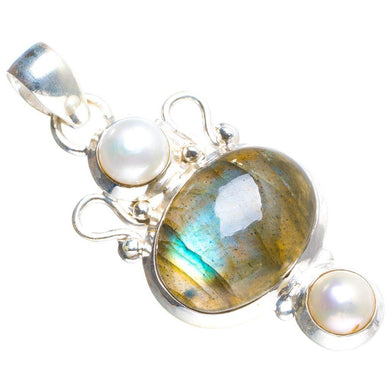 StarGems® Natural Blue Fire Labradorite and River Pearl Handmade Unique 925 Sterling Silver Pendant 1.75