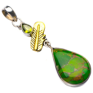 StarGems  Natural Two Tones Copper Turquoise And Peridot Feather Handmade 925 Sterling Silver Pendant 2.5" D5513