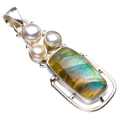 StarGems  Natural Blue Fire Labradorite And River Pearl Handmade 925 Sterling Silver Pendant 1.75