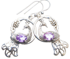 StarGems  Natural Amethyst Handmade Unique Peacock Shape 925 Sterling Silver Earrings 1.75" X4514