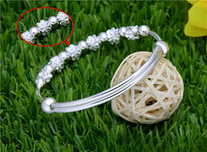 StarGems  Adjustable Beads&flower Handmade 999 Sterling Silver Bangle Bracelet For Women Cb0203