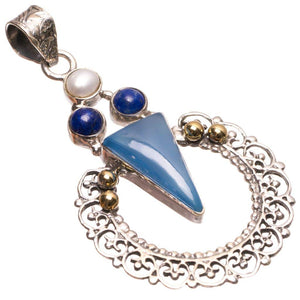 StarGems® Natural Two Tones Chalcedony,Lapis Lazuli and River Pearl 925 Sterling Silver Pendant 2 1/4" S0929
