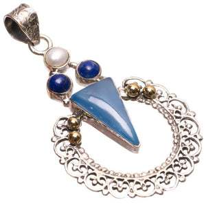 StarGems  Natural Two Tones Chalcedony,Lapis Lazuli and River Pearl 925 Sterling Silver Pendant 2 1/4" S0929