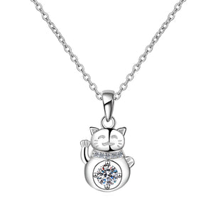 StarGems  Lucky Cat 0.3ct Moissanite 925 Silver Platinum Plated Necklace 40+5cm NX124
