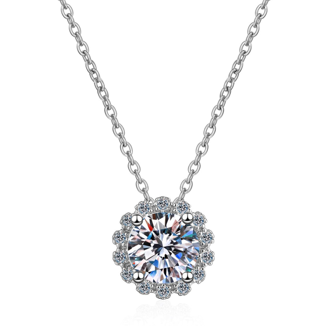 StarGems  Four Prong Flower 1ct Moissanite 925 Silver Platinum Plated Necklace 40+5cm NX132