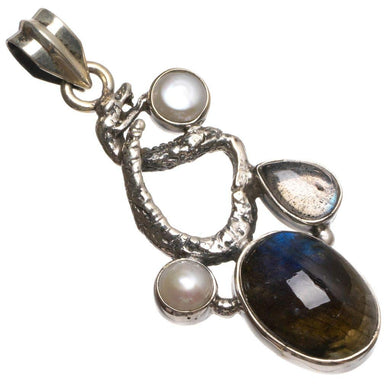 StarGems® Natural Labradorite and River Pearl Handmade Mexican 925 Sterling Silver Pendant 1 3/4