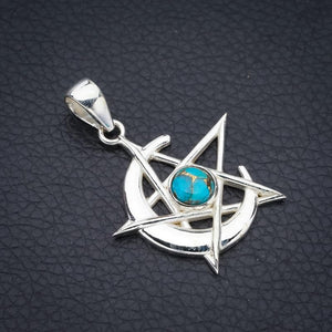 StarGems® Natural Copper Turquoise Star And MoonHandmade 925 Sterling Silver Pendant 1.75" F3886